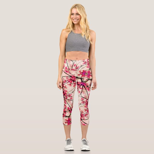 Abstract Red Floral Seamless Pattern Capri Leggings (Front)