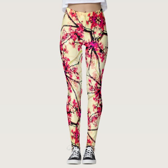 Abstract Red Floral Seamless Pattern Leggings (Front)