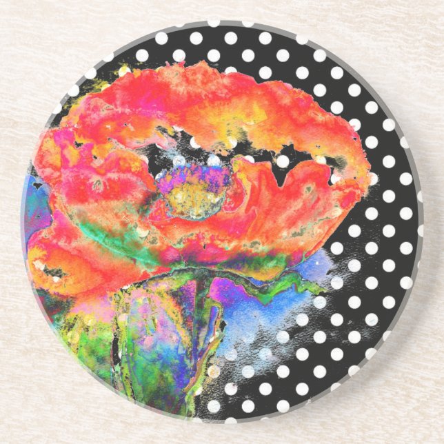Abstract red floral watercolor  coaster (Front)