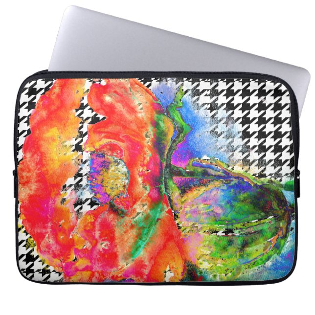Abstract red floral watercolor houndstooth laptop sleeve (Front)