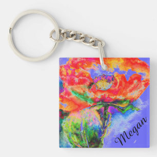 Abstract red floral watercolor painting red poppy  key ring