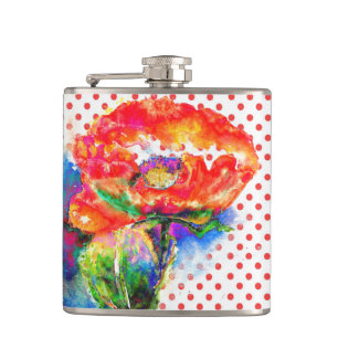 Abstract red floral watercolor poppy polka dots hip flask
