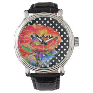 Abstract red floral watercolor poppy polka dots watch