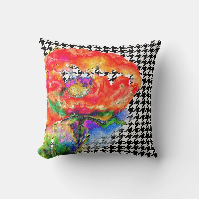 Abstract red floral watercolorhoundstooth pattern cushion (Front)