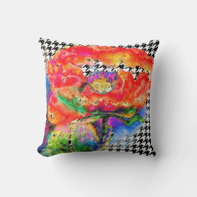 Abstract red floral watercolorhoundstooth pattern cushion (Front)