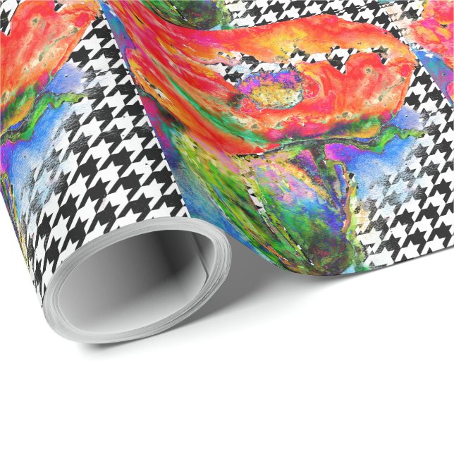 Abstract red floral watercolorhoundstooth pattern wrapping paper (Roll Corner)