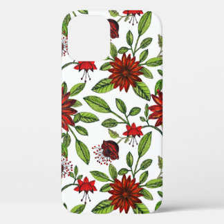 abstract red flowers and green leaves on white bac iPhone 12 case