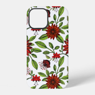 abstract red flowers and green leaves on white bac iPhone 12 case