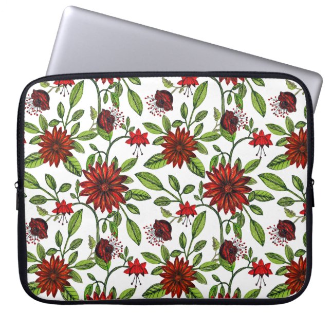 abstract red flowers and green leaves on white bac laptop sleeve (Front)