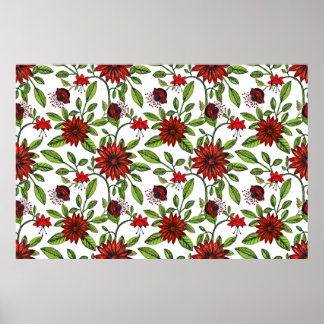 abstract red flowers and green leaves on white bac poster