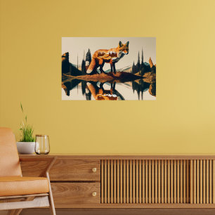 Abstract Red Fox Forest Landscape AI Nature Poster
