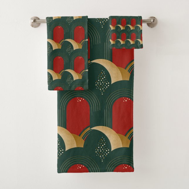 Abstract Red, Green and Gold Bath Towel Set (Insitu)