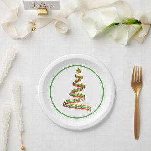 Abstract Red Green Gold Ribbon Christmas Tree Paper Plate