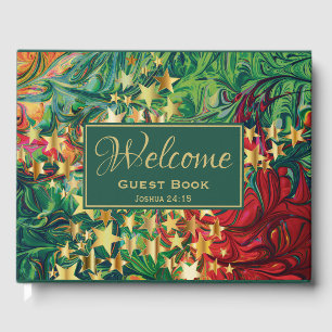 Abstract Red Green Gold Stars Personalised WELCOME Guest Book