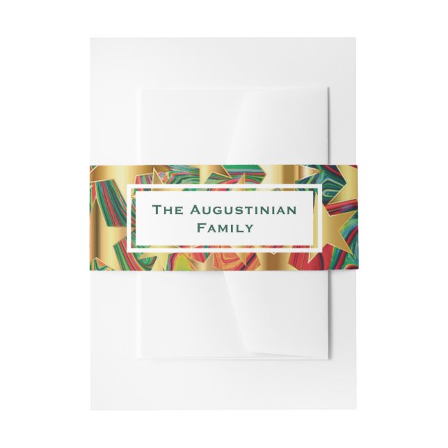 Abstract Red Green Stars Personalised Stationery Invitation Belly Band (Front Example)