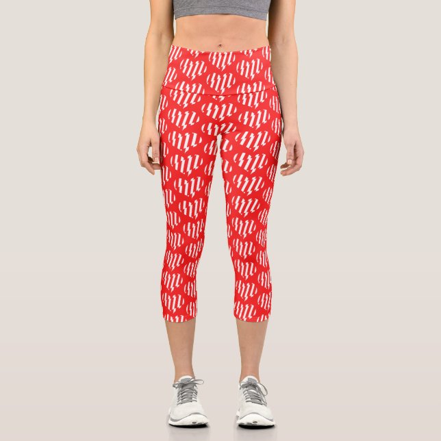 Abstract Red n White Stripes Valentine Heart Capri Leggings (Front)