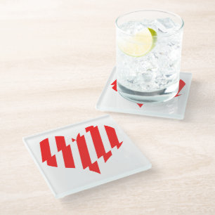 Abstract Red n White Stripes Valentine Heart Glass Coaster