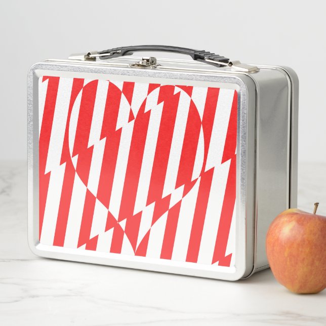 Abstract Red n White Stripes Valentine Heart Metal Lunch Box (In Situ)