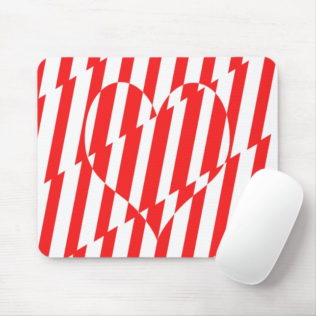 Abstract Red n White Stripes Valentine Heart Mouse Mat (With Mouse)