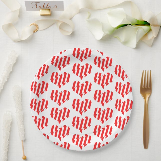 Abstract Red n White Stripes Valentine Heart Paper Plate (Wedding)