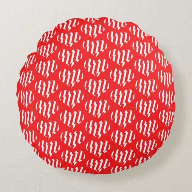 Abstract Red n White Stripes Valentine Heart Round Cushion (Front)