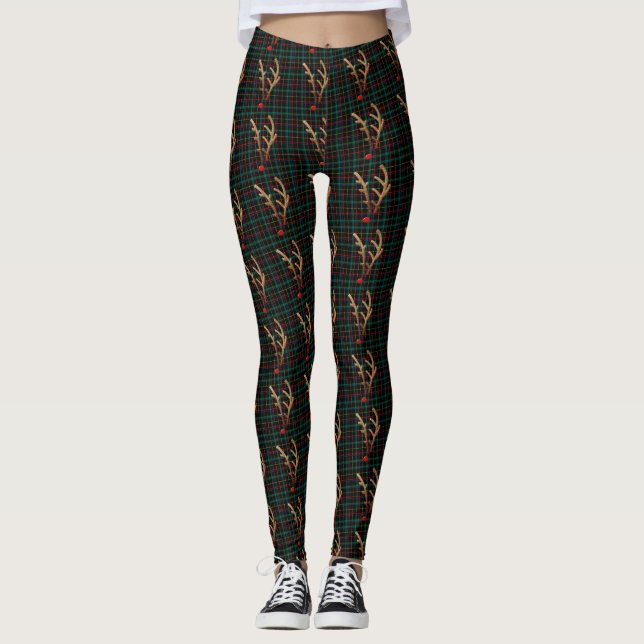 Abstract Red-Nosed Reindeer on Black Plaid Leggings (Front)