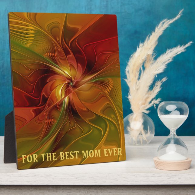 Abstract Red Orange Brown Green Flower Best Mom Plaque (Side)