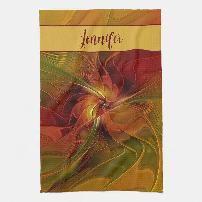 Abstract Red Orange Brown Green Flower Name Tea Towel (Vertical)