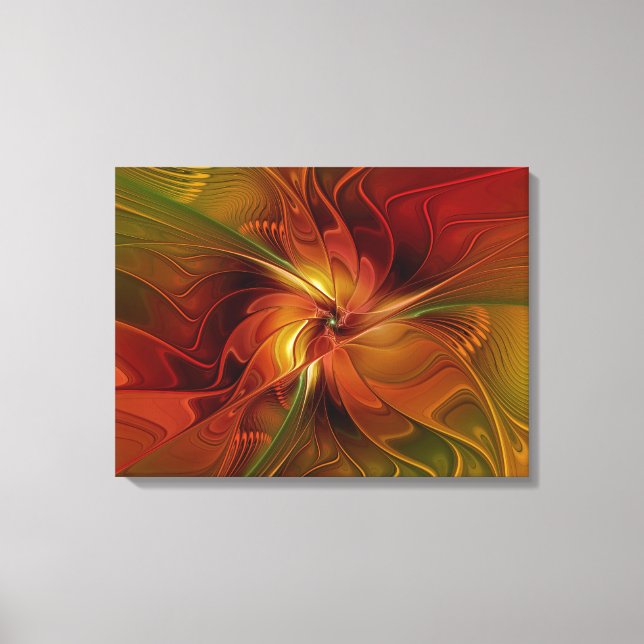 Abstract Red Orange Brown Green Flower Triptych Canvas Print (Front)