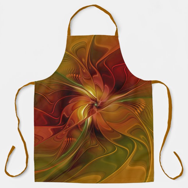 Abstract Red Orange Brown Green Fractal Art Flower Apron (Front)