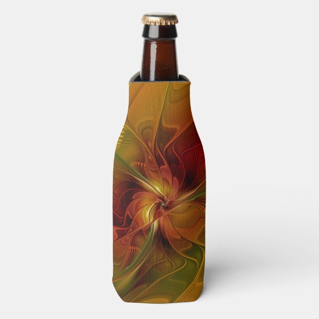 Abstract Red Orange Brown Green Fractal Art Flower Bottle Cooler (Bottle Front)