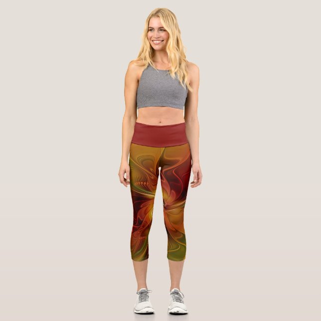 Abstract Red Orange Brown Green Fractal Art Flower Capri Leggings (Front)