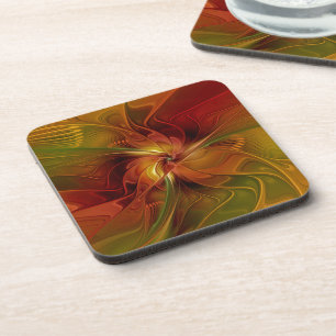 Abstract Red Orange Brown Green Fractal Art Flower Coaster
