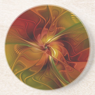 Abstract Red Orange Brown Green Fractal Art Flower Coaster