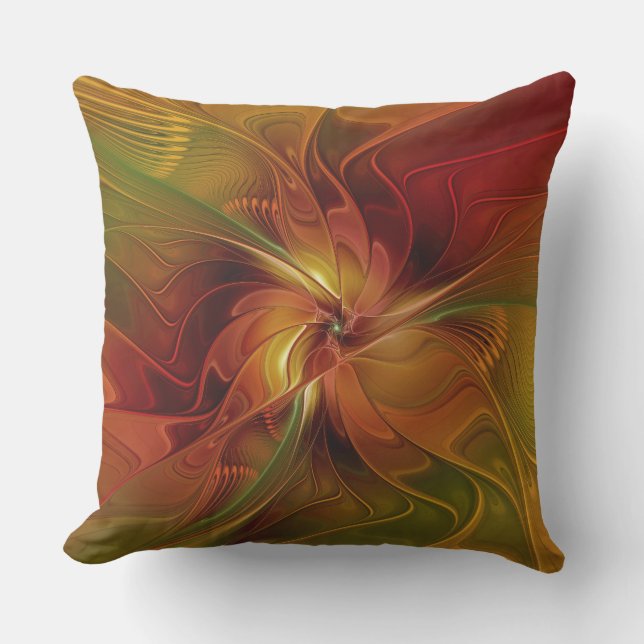 Abstract Red Orange Brown Green Fractal Art Flower Cushion (Front)