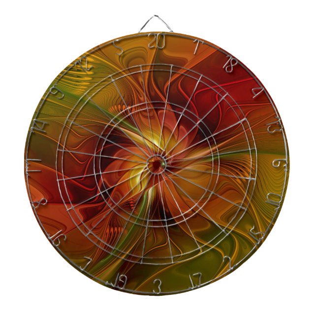 Abstract Red Orange Brown Green Fractal Art Flower Dartboard (Front)
