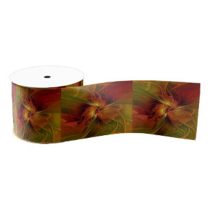 Abstract Red Orange Brown Green Fractal Art Flower Grosgrain Ribbon