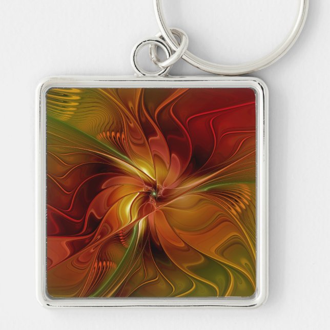 Abstract Red Orange Brown Green Fractal Art Flower Key Ring (Front)