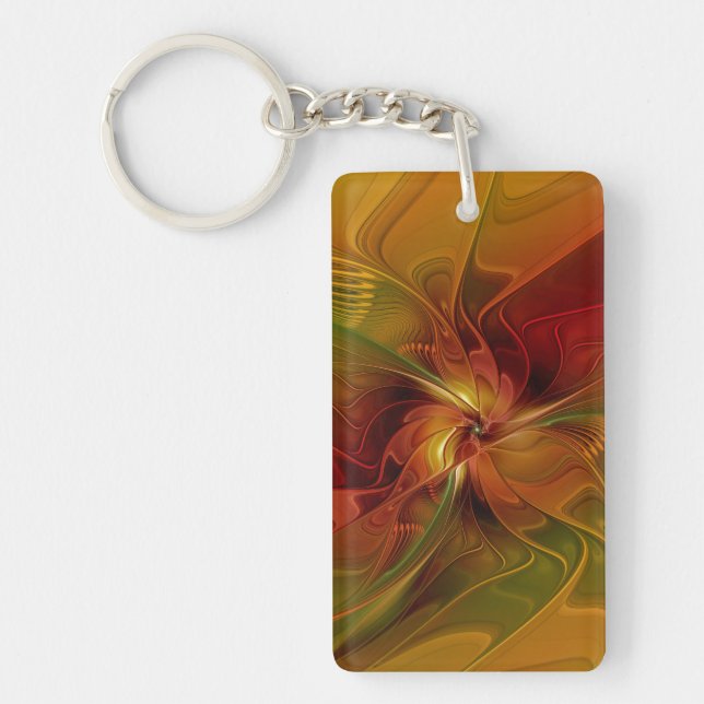 Abstract Red Orange Brown Green Fractal Art Flower Key Ring (Front)