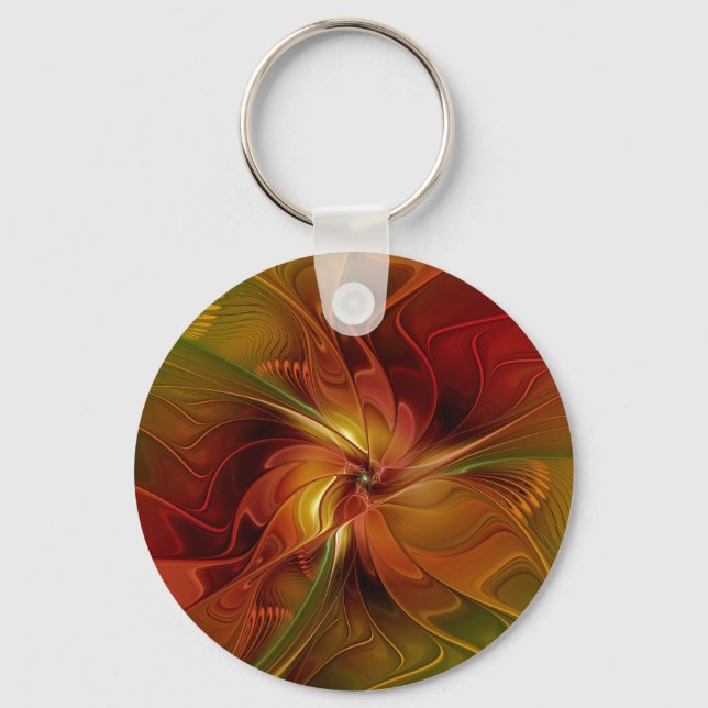 Abstract Red Orange Brown Green Fractal Art Flower Key Ring (Front)