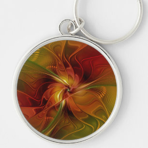 Abstract Red Orange Brown Green Fractal Art Flower Key Ring