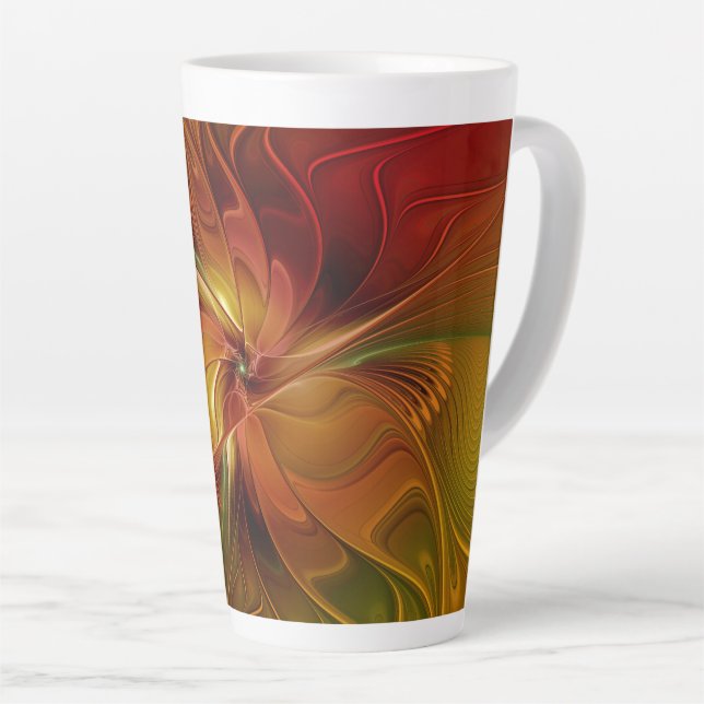 Abstract Red Orange Brown Green Fractal Art Flower Latte Mug (Right Angle)