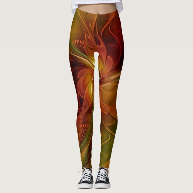 Abstract Red Orange Brown Green Fractal Art Flower Leggings (Front)