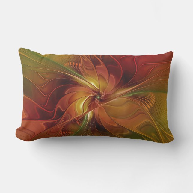 Abstract Red Orange Brown Green Fractal Art Flower Lumbar Cushion (Front)