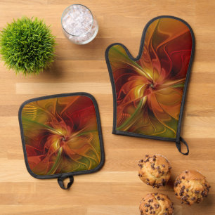 Abstract Red Orange Brown Green Fractal Art Flower Oven Mitt & Pot Holder Set