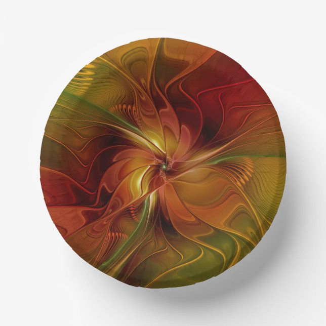 Abstract Red Orange Brown Green Fractal Art Flower Paper Plate (Front)