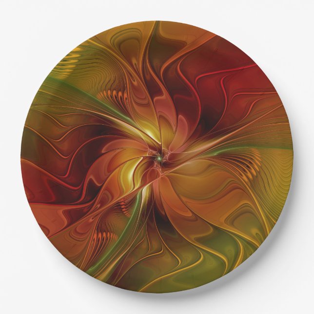 Abstract Red Orange Brown Green Fractal Art Flower Paper Plate (Front)