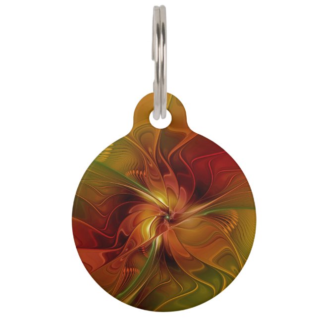 Abstract Red Orange Brown Green Fractal Art Flower Pet Tag (Front)