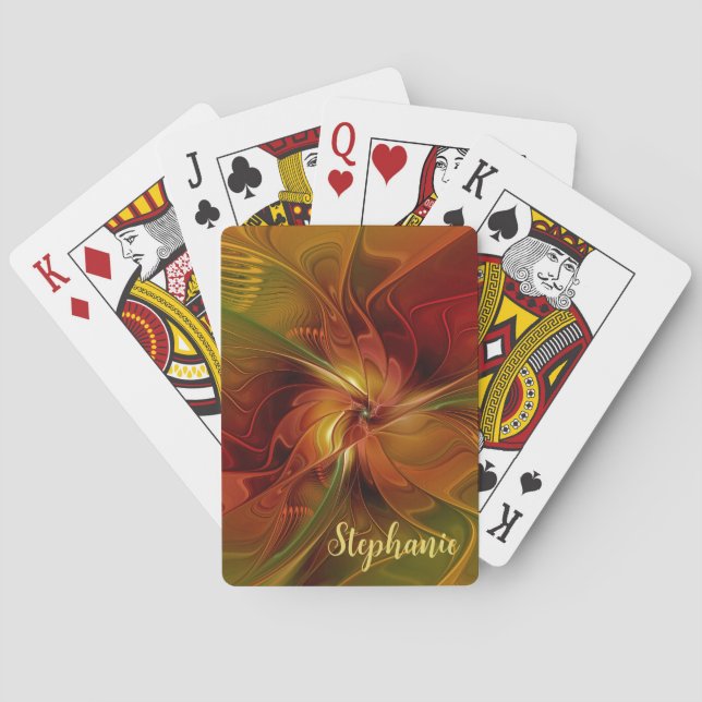 Abstract Red Orange Brown Green Fractal Art Flower Playing Cards (Back)
