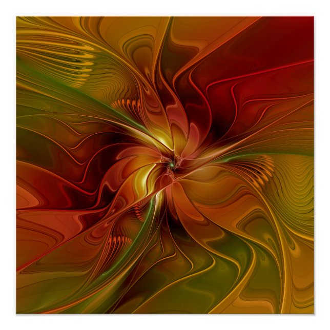 Abstract Red Orange Brown Green Fractal Art Flower Poster (Front)